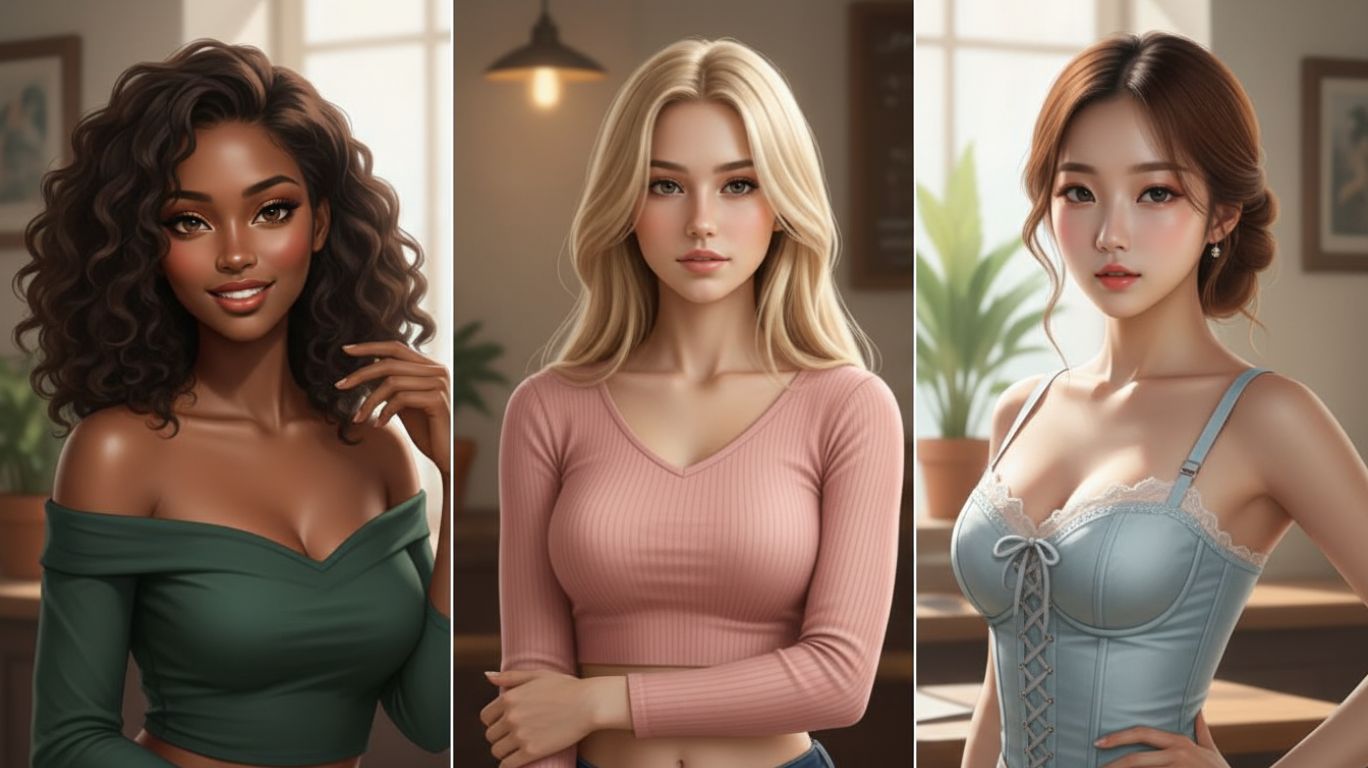 AI-generated digital artwork of three diverse, hyper-realistic women, illustrating how a sexy AI generator creates lifelike characters with detailed features and realistic styling