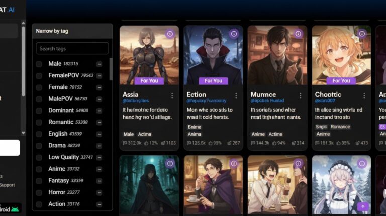 Spicychat AI app featured image showing anime-style chat interface with character profiles, tags, and live interactions