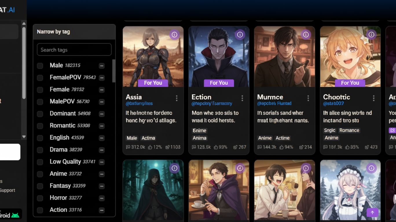 Spicychat AI app featured image showing anime-style chat interface with character profiles, tags, and live interactions