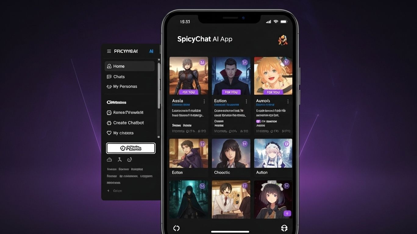 Key features that set SpicyChat AI App apart shown on a modern smartphone with AI chat interface and futuristic digital design.