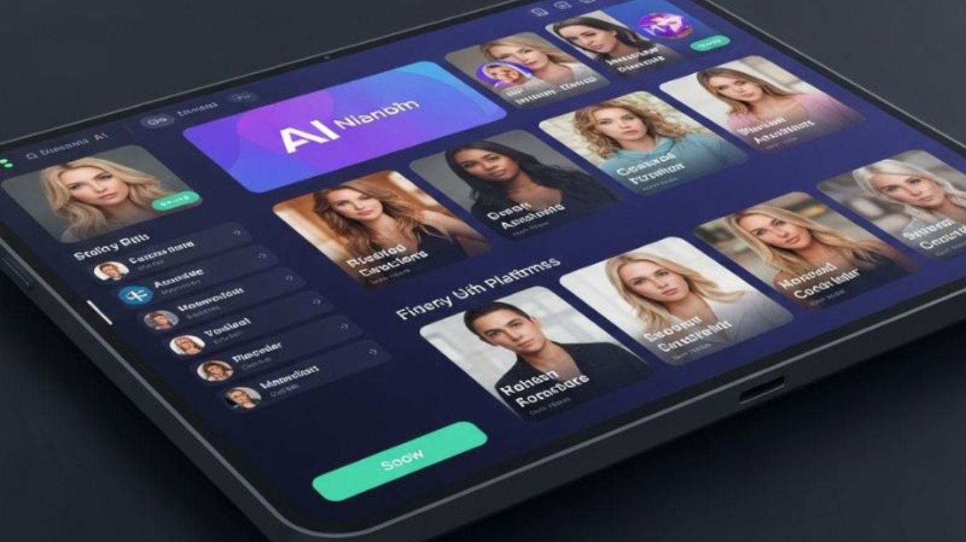 A futuristic screen displays top AI porn sites with customizable avatars, highlighting innovation in AI-generated adult entertainment.