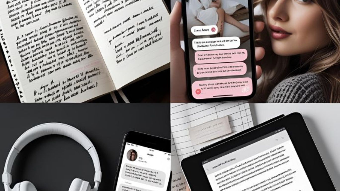 Collage showcasing types of porn with text: erotic fiction, interactive chat, captioned images, and audio-visual erotica for imaginative adult content.
