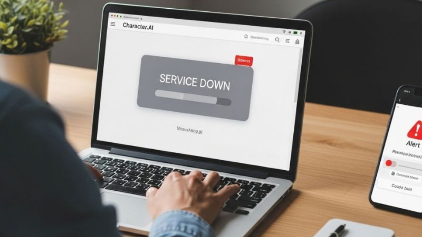 User following steps on what to do if Character.AI is down, checking status updates and alerts on laptop and phone