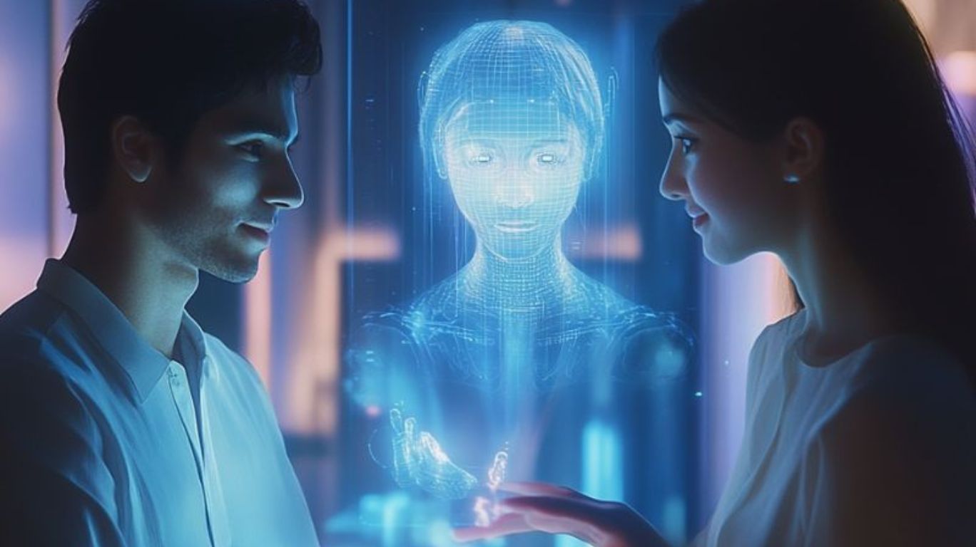 Couple exploring personalized connection with Erotic AI story generator in a private, intimate setting.