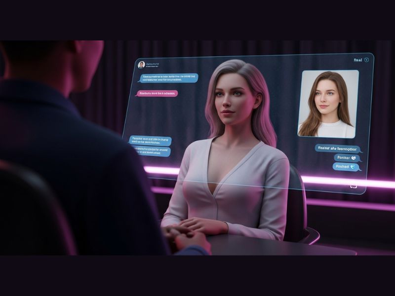 Realistic depiction of a person engaging with AI Porn Bots through a futuristic chat interface, highlighting digital intimacy and erotic AI interaction.