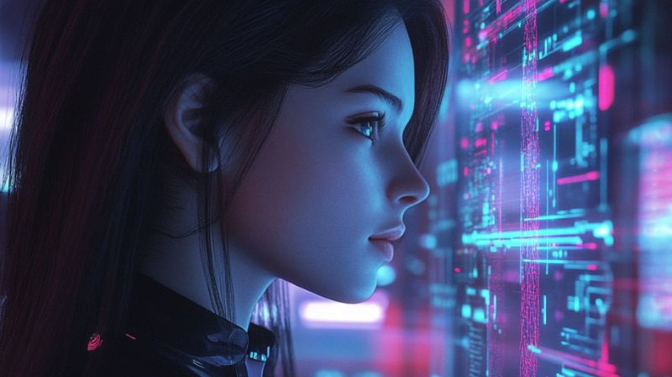Futuristic AI girl interacting with a user via holographic interface, created using an AI Girl Generator for virtual companionship and emotional connection.