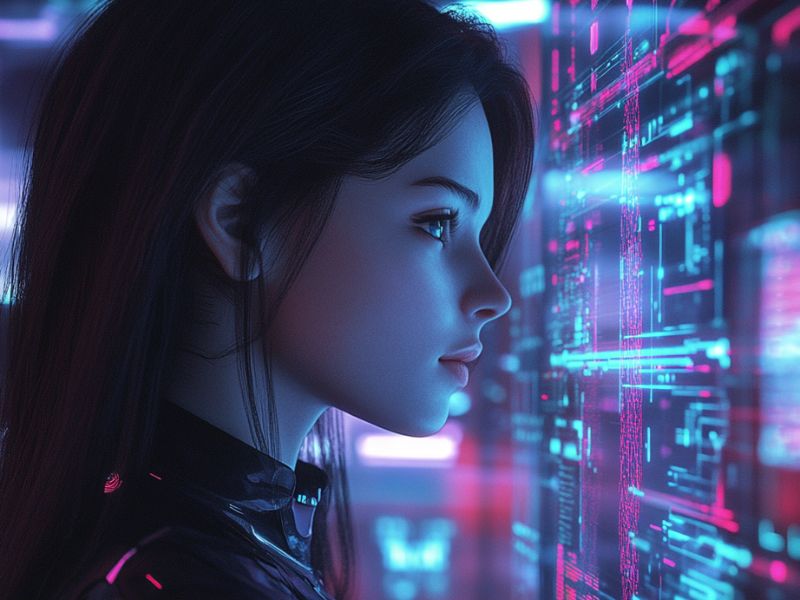 Futuristic AI girl interacting with a user via holographic interface, created using an AI Girl Generator for virtual companionship and emotional connection.