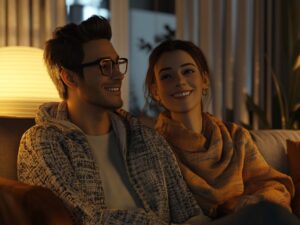 Customized AI companion from DreamGF sitting with their user in a cozy room, showcasing a personalized virtual partner experience.