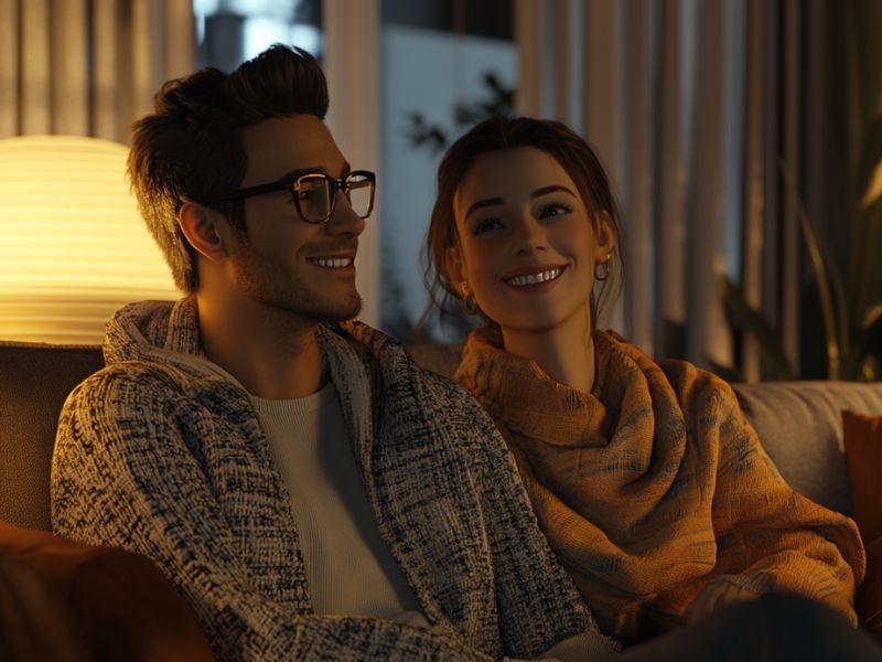 Customized AI companion from DreamGF sitting with their user in a cozy room, showcasing a personalized virtual partner experience.