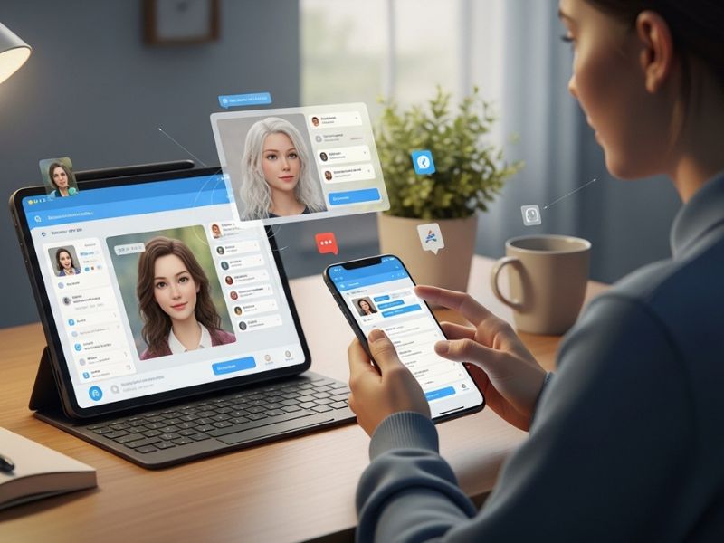 Person exploring apps like Character AI on tablet and phone, comparing AI chat features for personal growth and character-based interactions.
