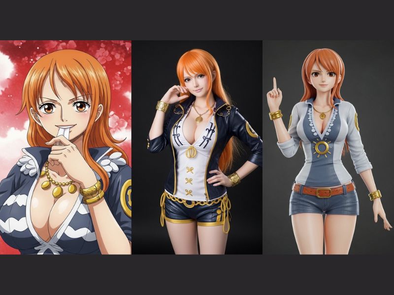 Nami NSFW collage showing anime fan art, cosplay, and AI-generated 3D content that reflect the diverse adult creative expressions of the One Piece characterr