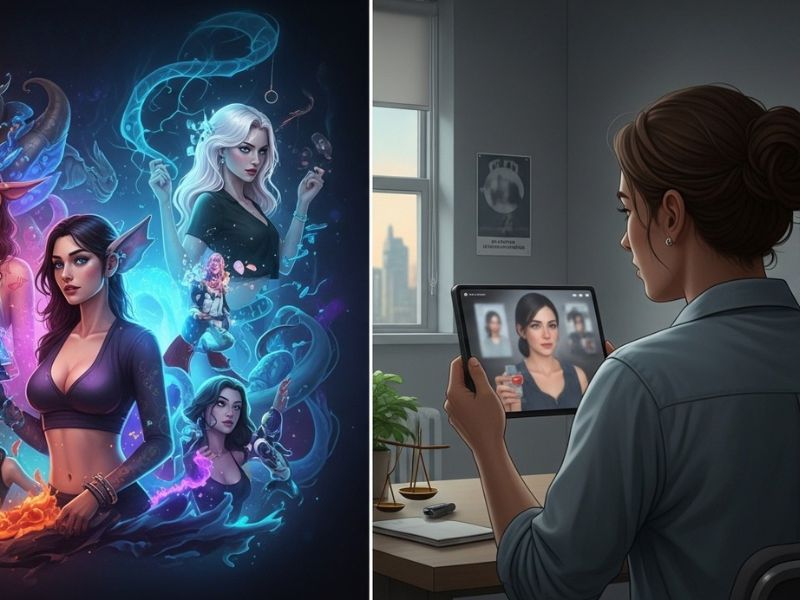 Illustration showing creative vs. ethical issues in FaceSwap Porn—fantasy roleplay and artistry on one side, privacy and consent violations on the other.