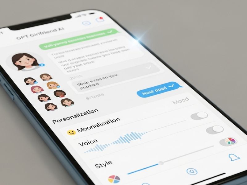 Customizing your GPT Girlfriend AI with unique personality traits, chat styles, and interactive features on a sleek mobile interface.