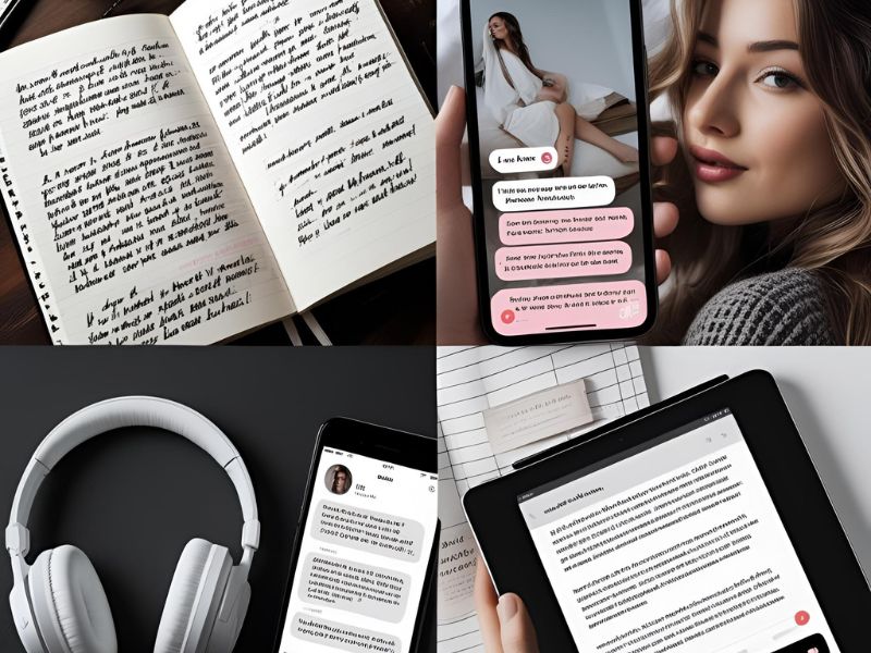 Collage showcasing types of porn with text: erotic fiction, interactive chat, captioned images, and audio-visual erotica for imaginative adult content.