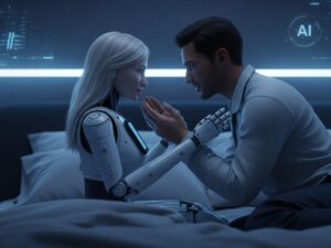A human exploring emotional intimacy with a lifelike robot, symbolizing the evolving nature of ai sex and digital connection in the modern era.