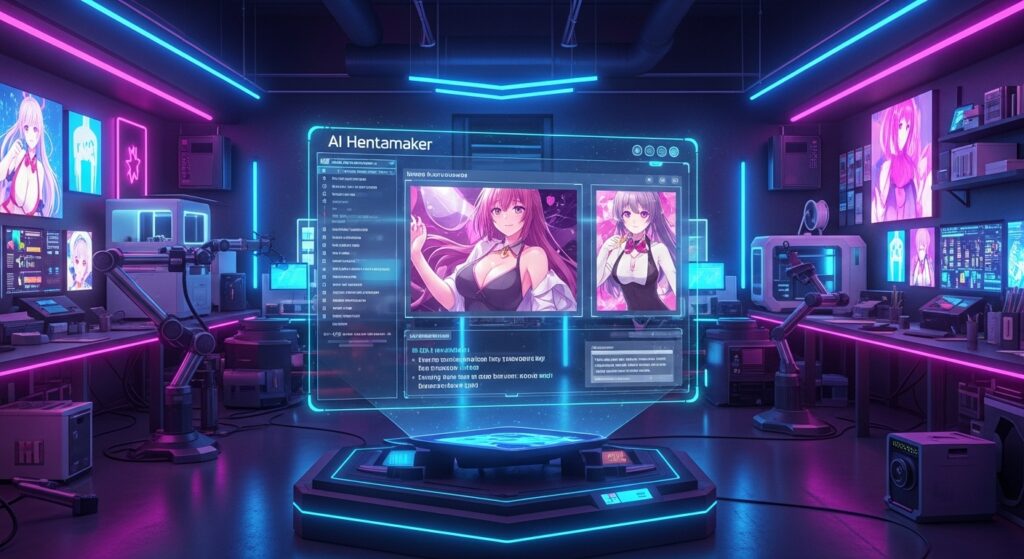 AI Hentai Generator transforming user prompts into personalized adult anime art in a high-tech creative environment.