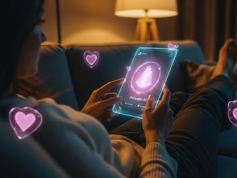 User experiencing Erotic AI as a tool for fantasy, connection, and creativity in a cozy, intimate setting.
