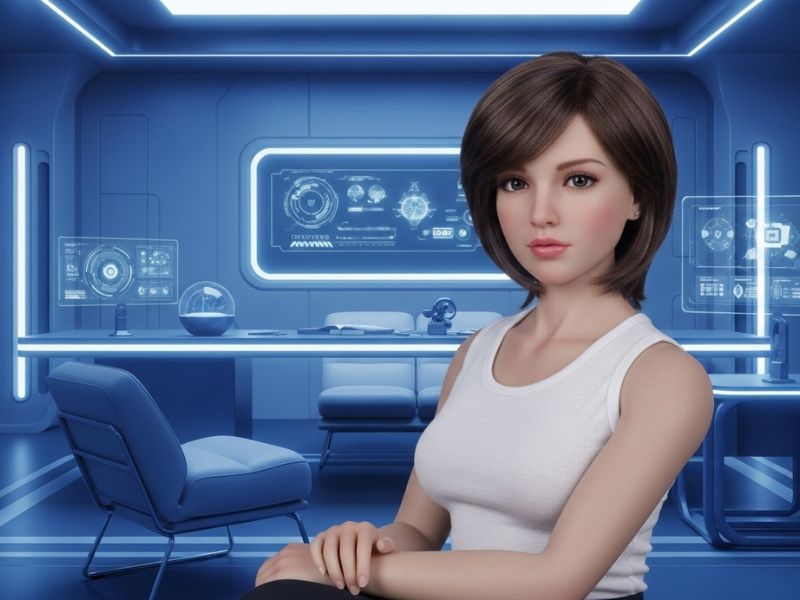 Futuristic sex bot in a modern setting, representing the intersection of technology, emotion, and AI-driven intimacy in the evolving world of sex tech.