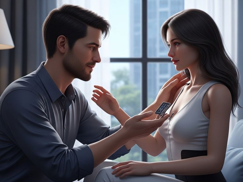 A human connecting emotionally with an AI companion, symbolizing the evolving landscape of AI sex and modern intimacy through technology.