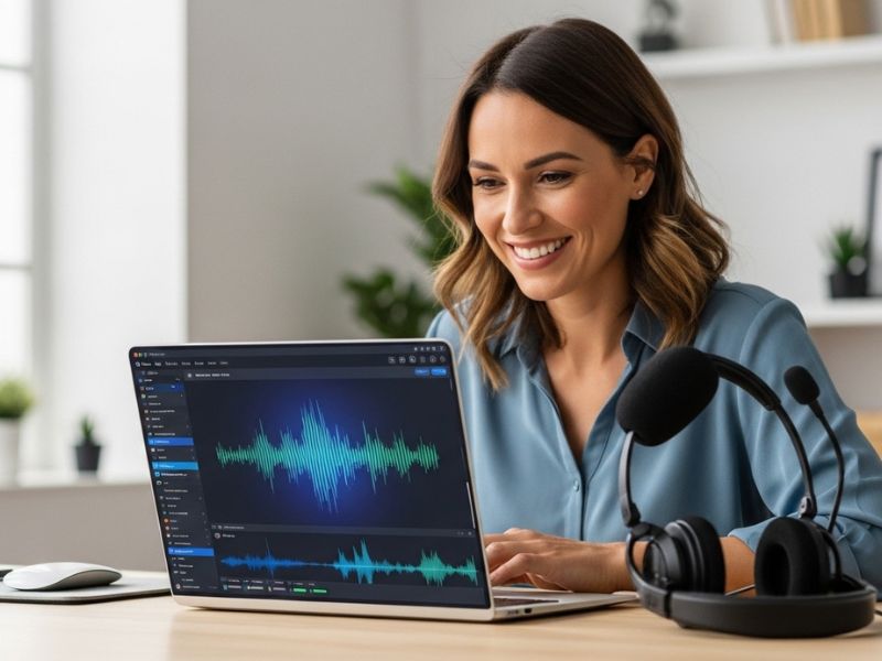 Content creator using AI girl voice software for realistic, budget-friendly audio production on a laptop.