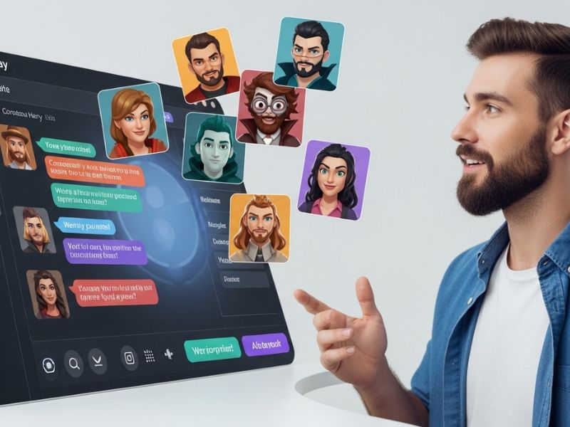 User interacting with a roleplay AI chat bot for storytelling and emotional companionship, featuring customizable characters and immersive digital conversation.
