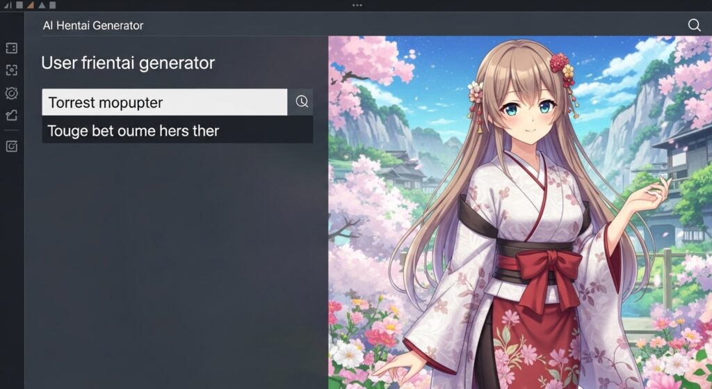 AI Hentai Generator interface showing how a prompt turns into anime-style artwork with a girl in a fantasy kimono setting.