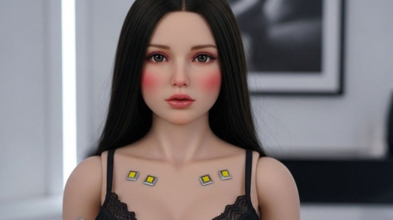 Realistic sex bot with silicone body, AI-powered voice assistant, and movable joints, showcasing modern features and lifelike design.