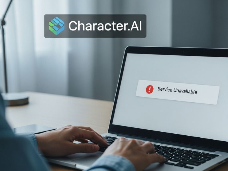 User checking if Character.AI is down on a laptop with a service unavailable error message displayed.