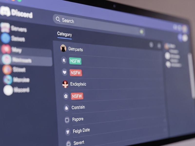 Searching external directories for Sexting Discord servers with NSFW tags and categories not found directly in the Discord app.