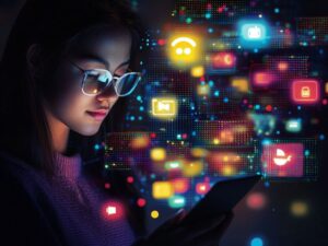 Person exploring AI chatbot features on screen with colorful digital elements — Is Candy AI worth trying?