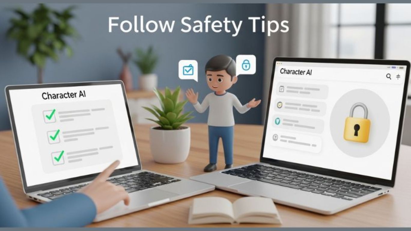 User practicing safety tips while using Character AI, highlighting best practices to answer the question: is character ai safe.