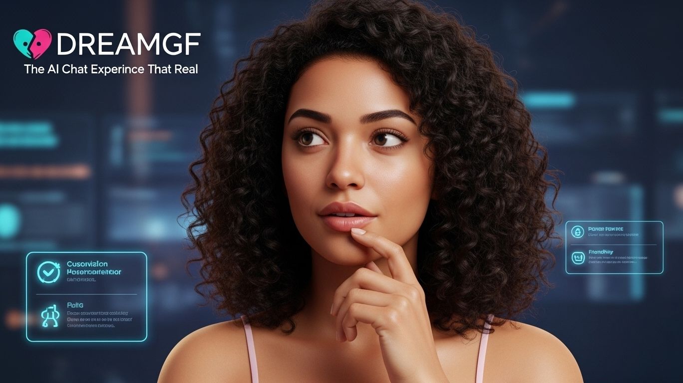 A realistic digital art scene of a beautiful AI girlfriend character sitting in a cozy, softly lit virtual room. She has customizable features—long hair, expressive eyes, and a warm smile—symbolizing companionship and romance. The background includes floating holographic screens showing personalized chats, fantasy landscapes, and friendship moments, representing the immersive experience of dreamgf as an AI companion platform