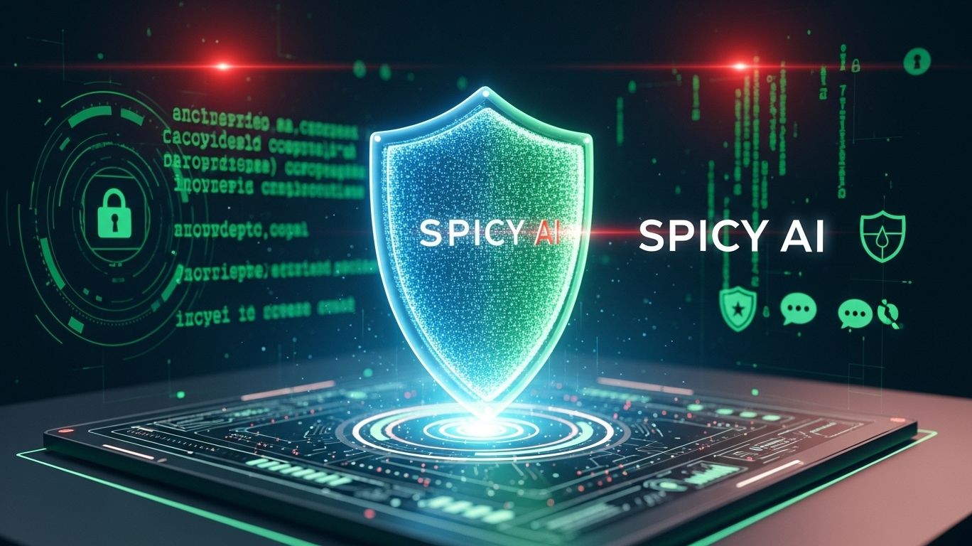 Spicy AI safety features shown with a digital shield, encryption icons, and secure protocols highlighting user privacy protection.