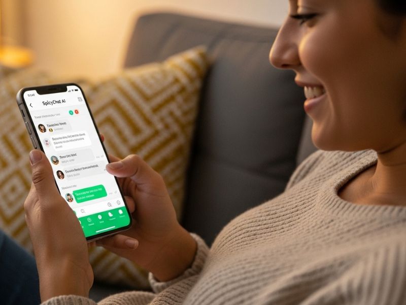 User enjoying the SpicyChat AI App on smartphone, engaging in a fun and creative chat that enhances digital downtime.