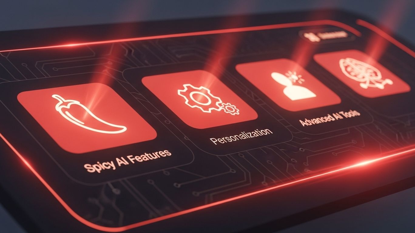 Key features of Spicy AI displayed on a futuristic dashboard with glowing icons highlighting personalization and advanced AI tools.