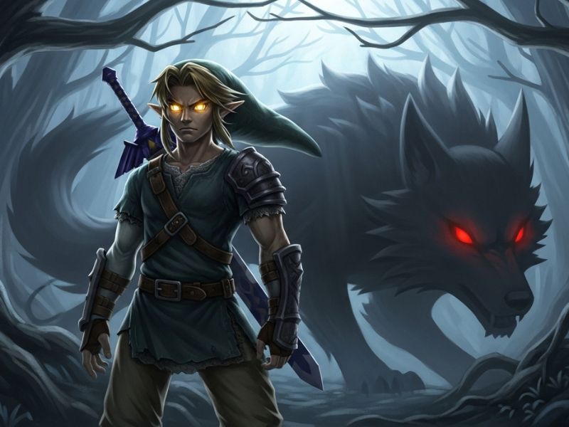 Dark, dominant Twilight Princess Link in a feral, moonlit scene with wolf symbolism — link nsfw themed realistic art.