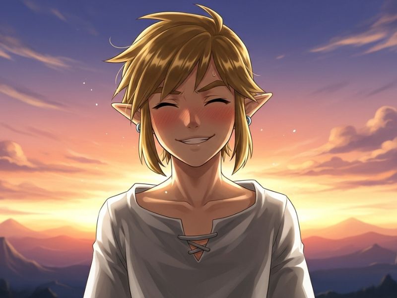 Playful and romantic Skyward Sword Link in a soft, intimate moment under sunset light — link nsfw inspired artwork.