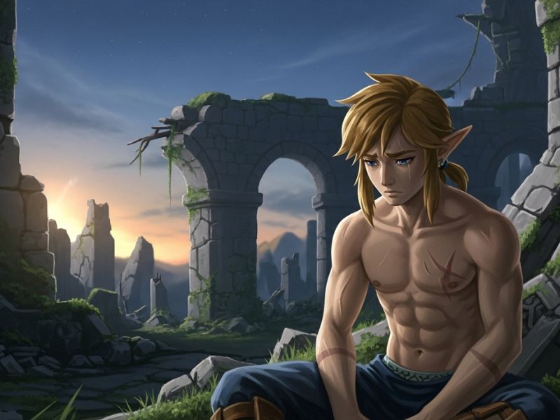 Realistic NSFW-inspired image of Link from Breath of the Wild, looking touch-starved and emotionally guarded after battle — link nsfw emotional art.