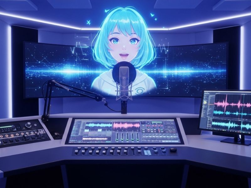 AI girl voice being used in a podcast studio setup, showcasing popular use cases in modern audio content creation.