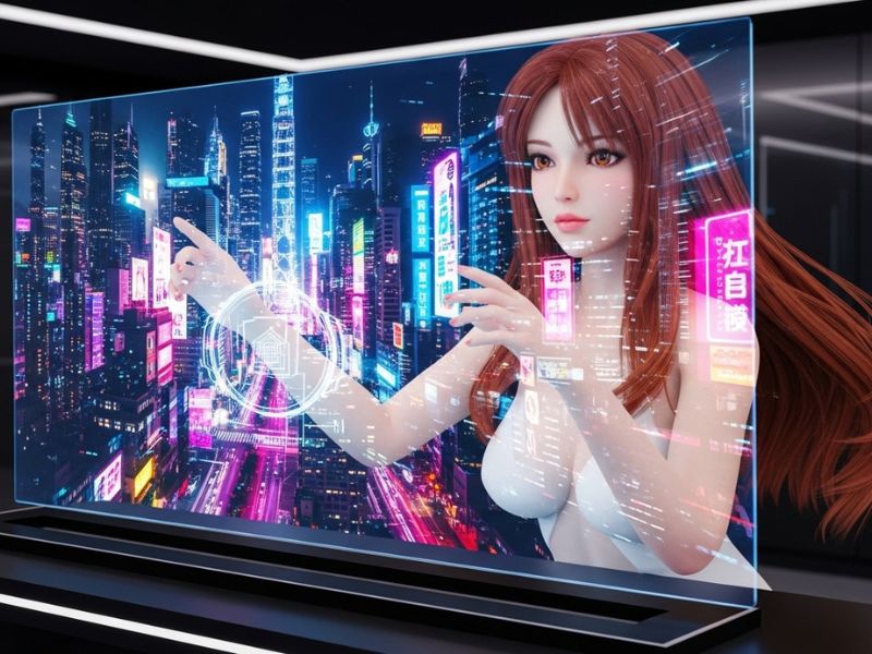 Naughty AI creating immersive, lifelike visuals on a holographic screen, offering a multisensory experience through advanced AI technology.