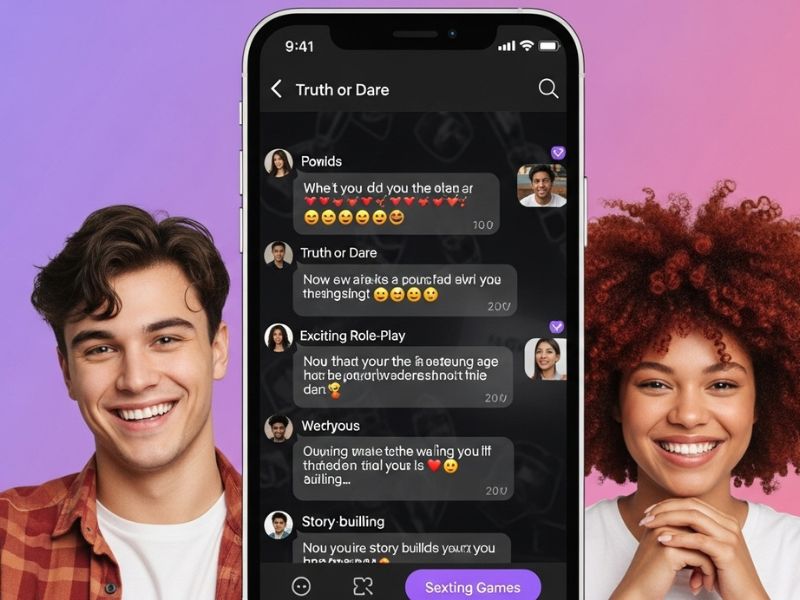 Couple playing popular sexting games like truth or dare, roleplay scenarios, story-building, and AI chat adventures on their phones