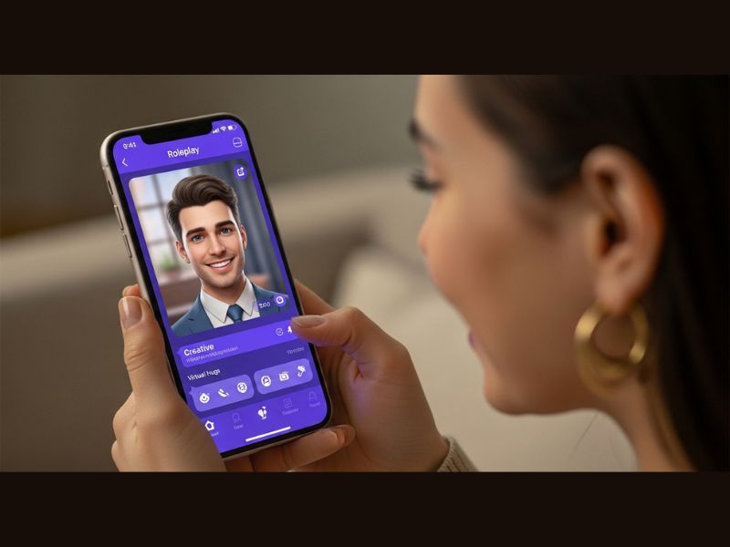Person interacting with a roleplay AI chat bot acting as a digital companion or boyfriend, offering fun, emotional support, and customizable conversation experiences.
