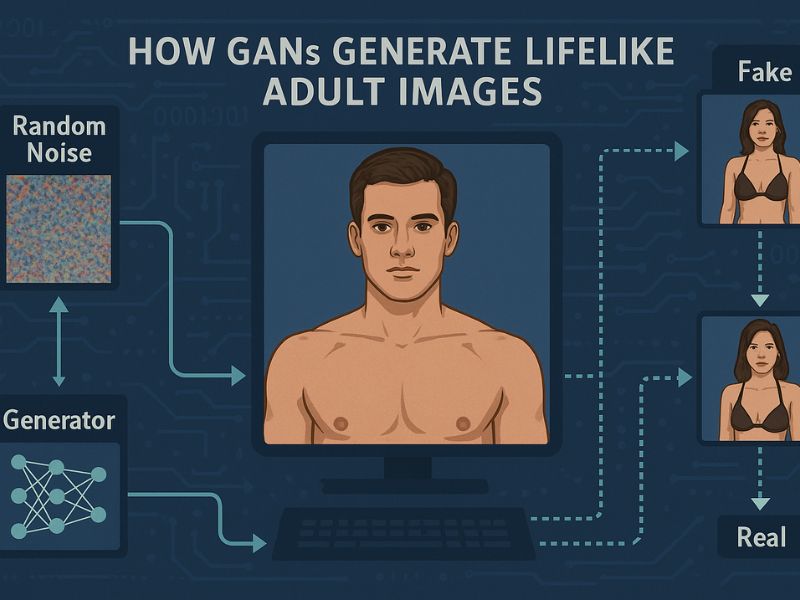 Diagram explaining how Realistic AI porn uses GANs and machine learning to create lifelike adult content with high visual accuracy.