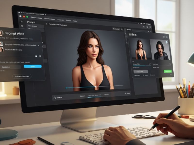 Realistic digital art of a person creating AI-generated erotic content on a sleek computer screen. UI elements show prompt writing, AI image generation, and customization tools in progress. Soft lighting, modern workspace, creative atmosphere — concept art for 'How to Make AI Porn' step-by-step guide.