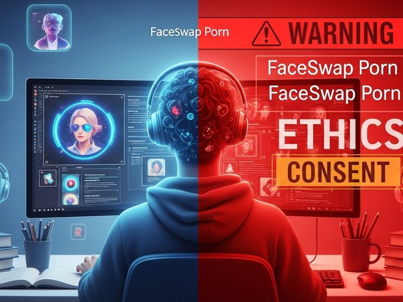 Person studying FaceSwap Porn tech, balancing creative potential with ethical responsibility, privacy concerns, and real-world consequences.