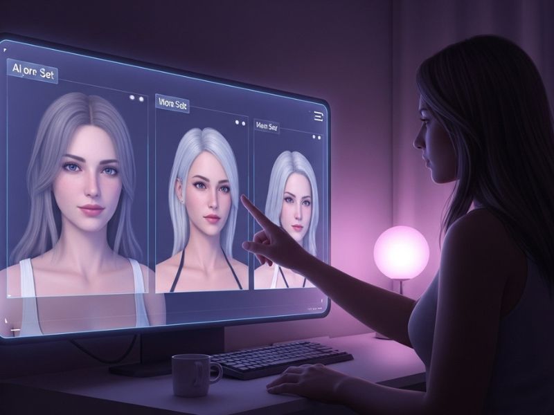 A person interacts with a futuristic screen showcasing AI porn sites, symbolizing emotional intimacy, digital desire, and tech-driven experiences.