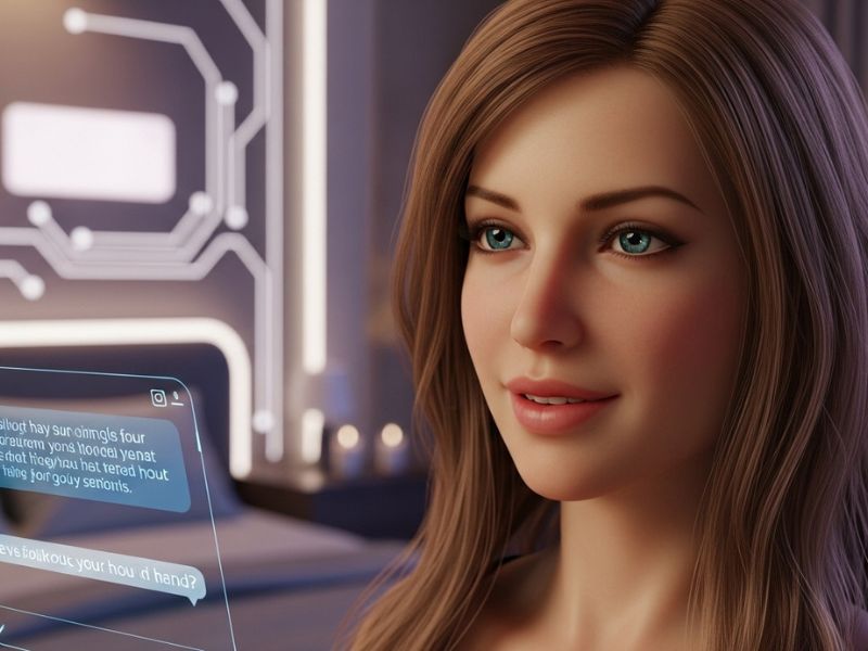 Futuristic AI Sex Bots chatting with users through advanced digital interfaces, symbolizing the future of tech-driven intimacy.