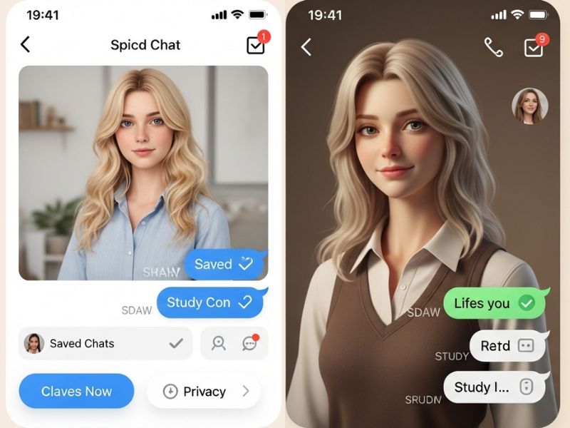 Messenger-style interface of SpicyChat AI App showing realistic AI character chat, saved conversations, study tools, and privacy-focused design.