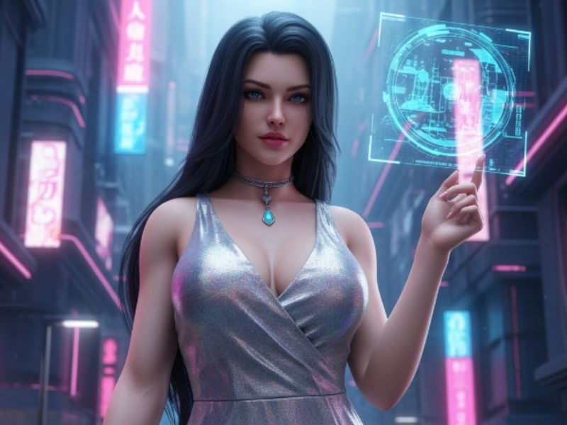 Seductive digital art created with a Sexy AI Generator, showcasing a lifelike female character in a detailed futuristic environment