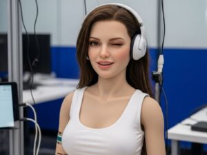 A semi-functional sex robot prototype with lifelike facial expressions and limited movement, representing current sex robots as AI-enhanced dolls rather than fully autonomous machines